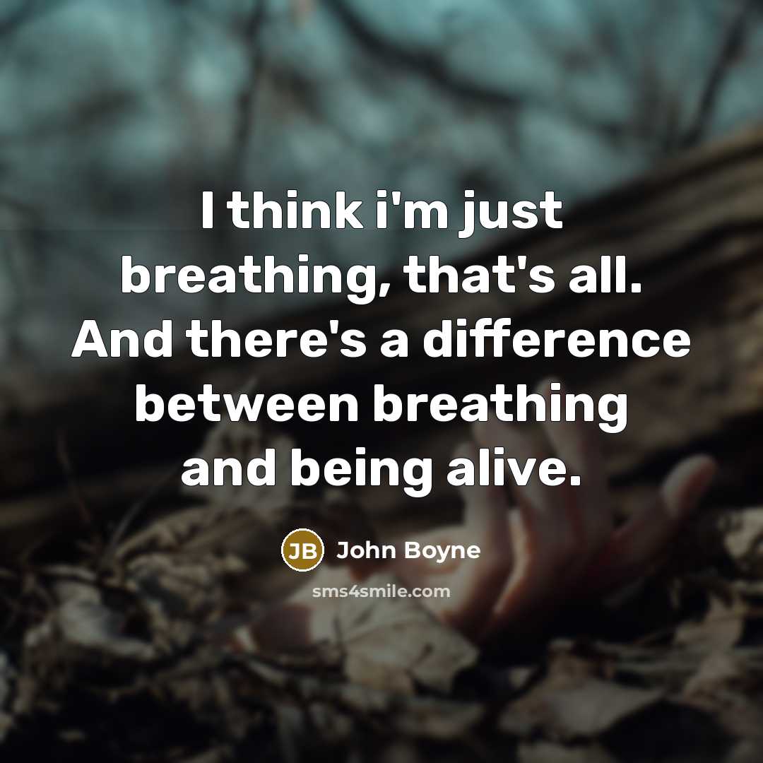 “I think i'm just breathing, that's all. And there's a difference between breathing and being alive.” quote by John Boyne