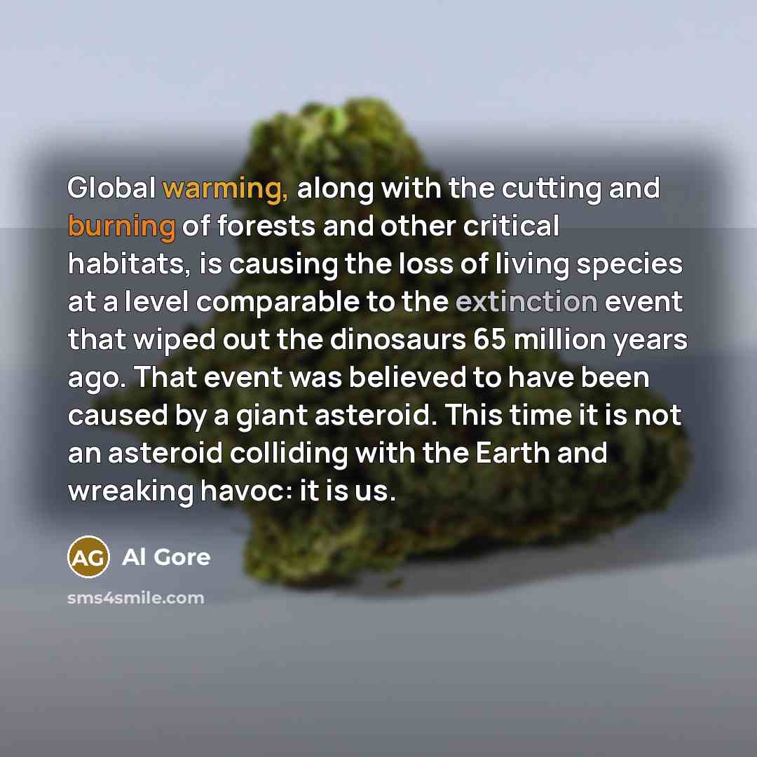 “Global warming, along with the cutting and burning of forests and other critical habitats, is causing the loss of living species at a level comparable to the extinction event that wiped out the dinosaurs 65 million years ago. That event was believed to have been caused by a giant asteroid. This…” quote by Al Gore