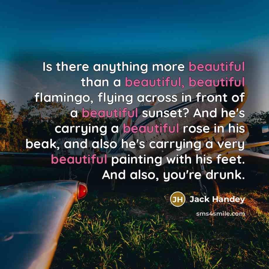 “Is there anything more beautiful than a beautiful, beautiful flamingo, flying across in front of a beautiful sunset? And he's carrying a beautiful rose in his beak, and also he's carrying a very beautiful painting with his feet. And also, you're drunk.” quote by Jack Handey