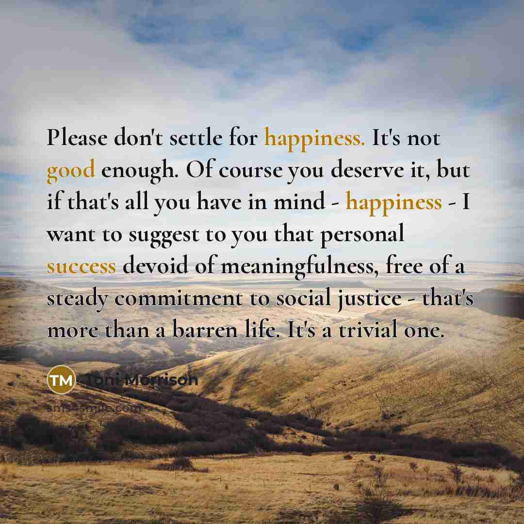 “Please don't settle for happiness. It's not good enough. Of course you deserve it, but if that's all you have in mind - happiness - I want to suggest to you that personal success devoid of meaningfulness, free of a steady commitment to social justice - that's more than a barren life. It's a…” quote by Toni Morrison
