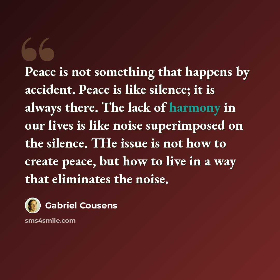 “Peace is not something that happens by accident. Peace is like silence; it is always there. The lack of harmony in our lives is like noise superimposed on the silence. THe issue is not how to create peace, but how to live in a way that eliminates the noise.” quote by Gabriel Cousens