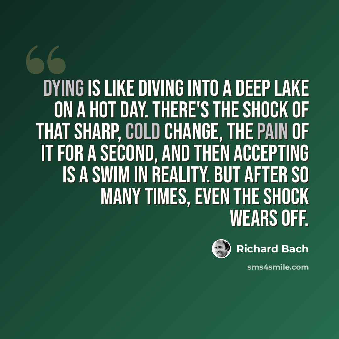 “Dying is like diving into a deep lake on a hot day. There's the shock of that sharp, cold change, the pain of it for a second, and then accepting is a swim in reality. But after so many times, even the shock wears off.” quote by Richard Bach