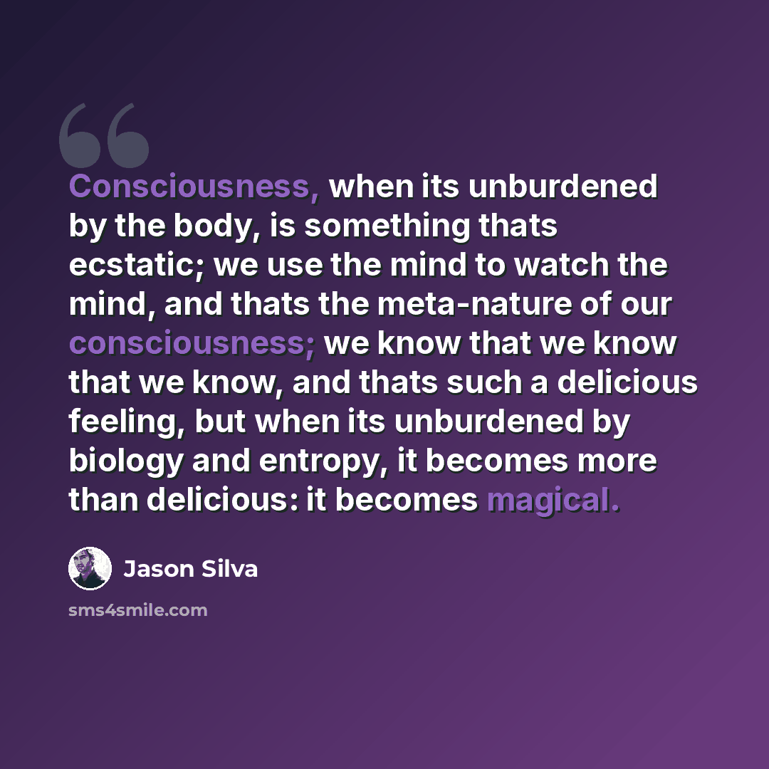 “Consciousness, when its unburdened by the body, is something thats ecstatic; we use the mind to watch the mind, and thats the meta-nature of our consciousness; we know that we know that we know, and thats such a delicious feeling, but when its unburdened by biology and entropy, it becomes more…” quote by Jason Silva