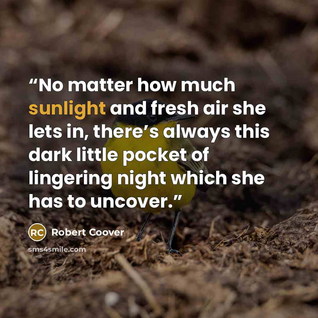 “No matter how much sunlight and fresh air she lets in, there’s always this dark little pocket of lingering night which she has to uncover.” quote by Robert Coover