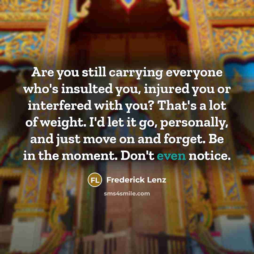 “Are you still carrying everyone who's insulted you, injured you or interfered with you? That's a lot of weight. I'd let it go, personally, and just move on and forget. Be in the moment. Don't even notice.” quote by Frederick Lenz