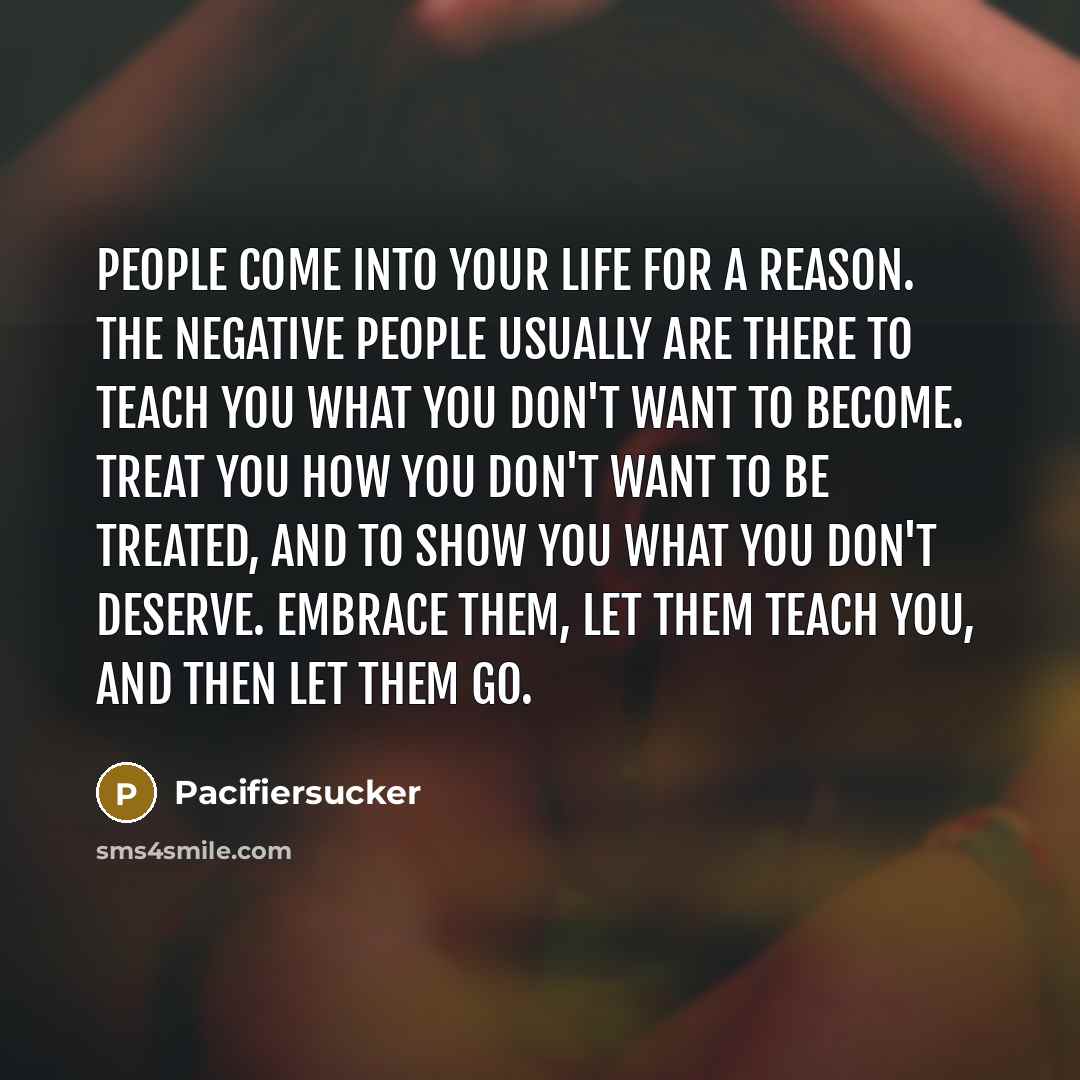 “People Come Into Your Life For A Reason. The Negative People Usually Are There To Teach You What You Don't want To Become. Treat You How You Don't Want To Be Treated, And To Show You What You Don't Deserve. Embrace Them, Let Them Teach You, And Then Let Them Go.” quote by Pacifiersucker
