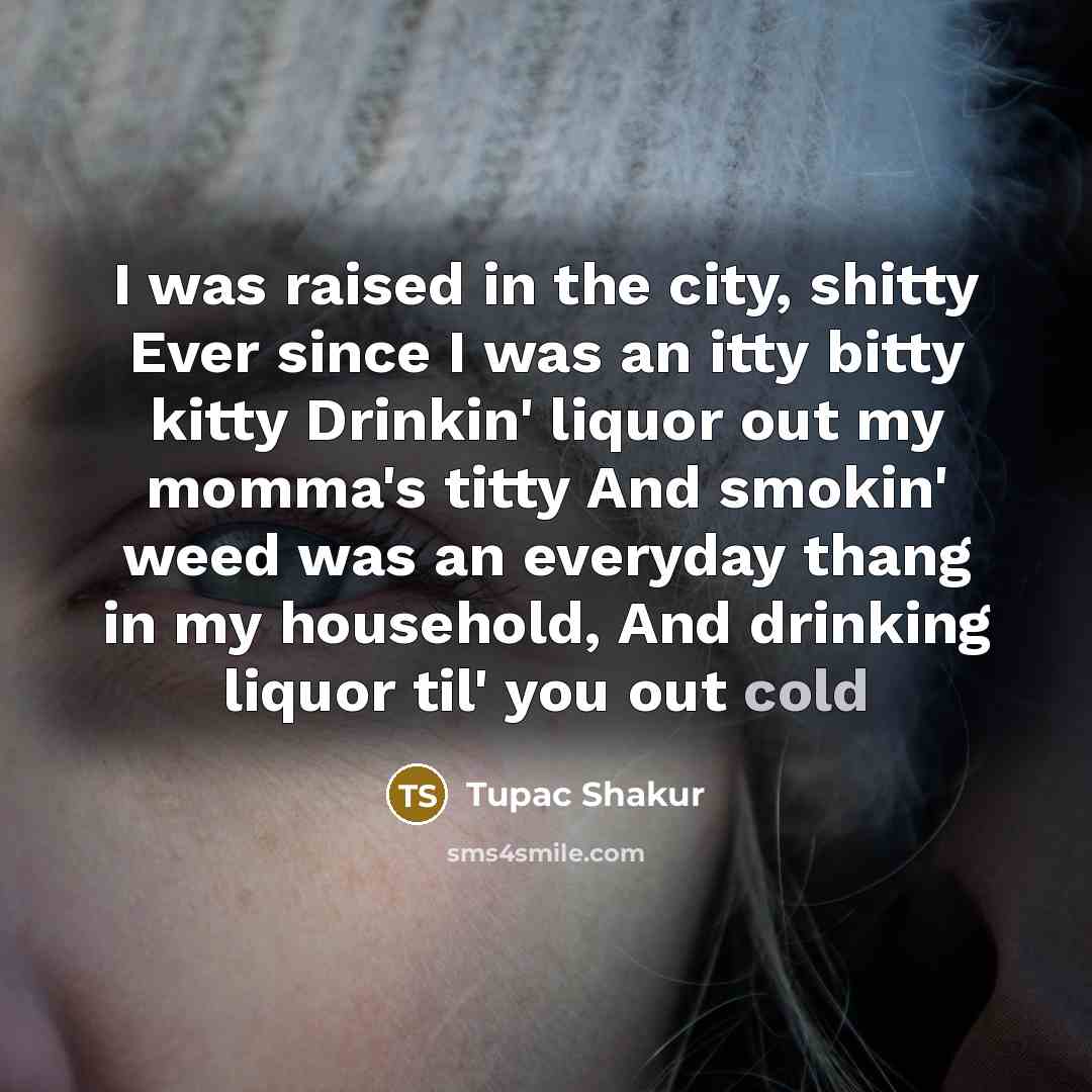 “I was raised in the city, shitty Ever since I was an itty bitty kitty Drinkin' liquor out my momma's titty And smokin' weed was an everyday thang in my household, And drinking liquor til' you out cold” quote by Tupac Shakur