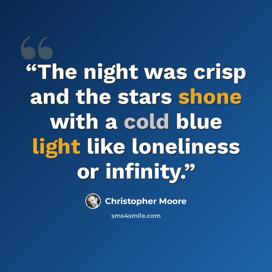 “The night was crisp and the stars shone with a cold blue light like loneliness or infinity.” quote by Christopher Moore