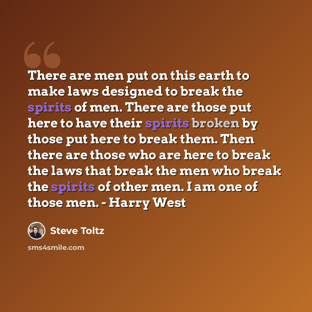 “There are men put on this earth to make laws designed to break the spirits of men. There are those put here to have their spirits broken by those put here to break them. Then there are those who are here to break the laws that break the men who break the spirits of other men. I am one of those…” quote by Steve Toltz