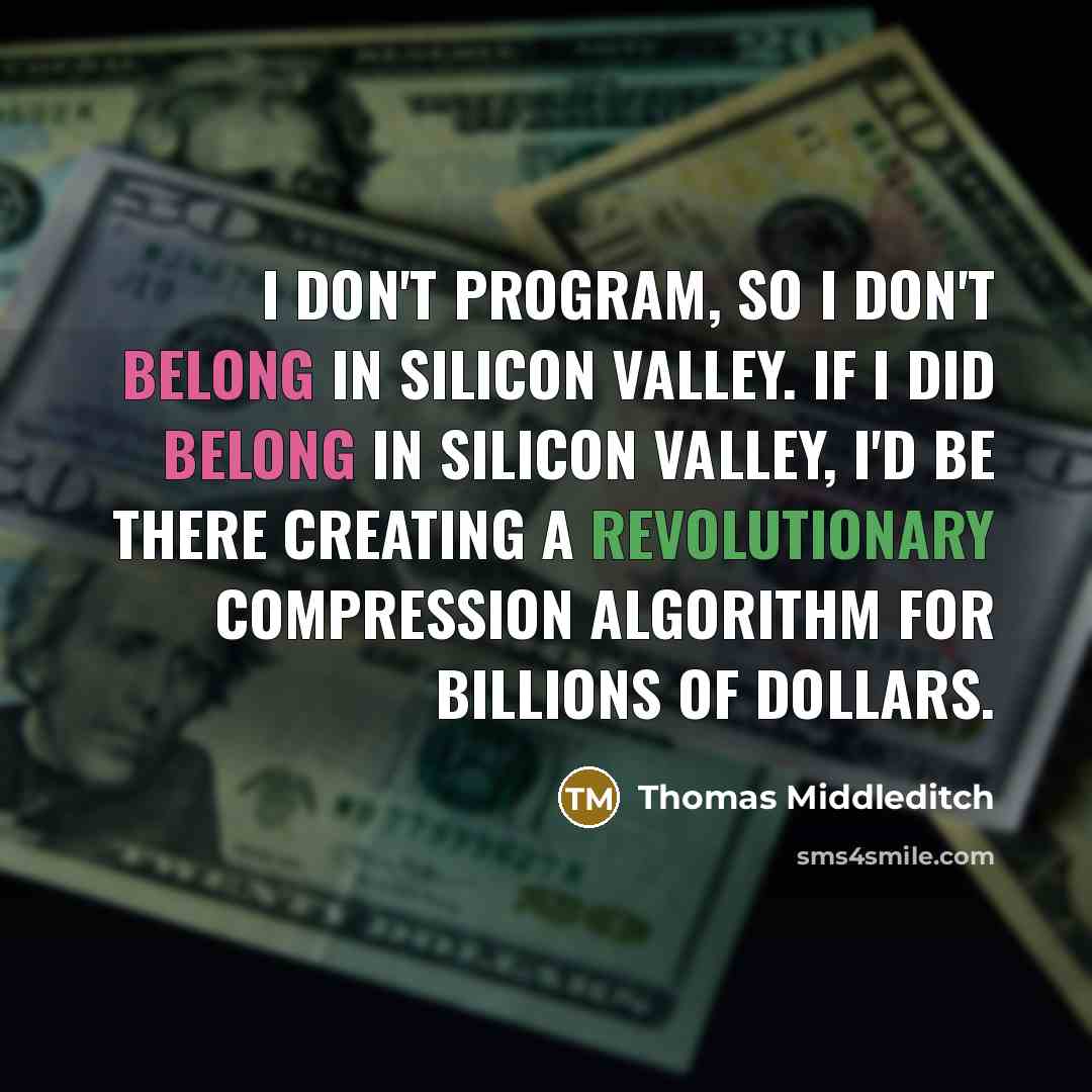 “I don't program, so I don't belong in Silicon Valley. If I did belong in Silicon Valley, I'd be there creating a revolutionary compression algorithm for billions of dollars.” quote by Thomas Middleditch