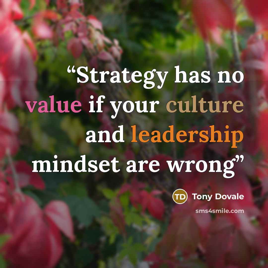 “Strategy has no value if your culture and leadership mindset are wrong” quote by Tony Dovale