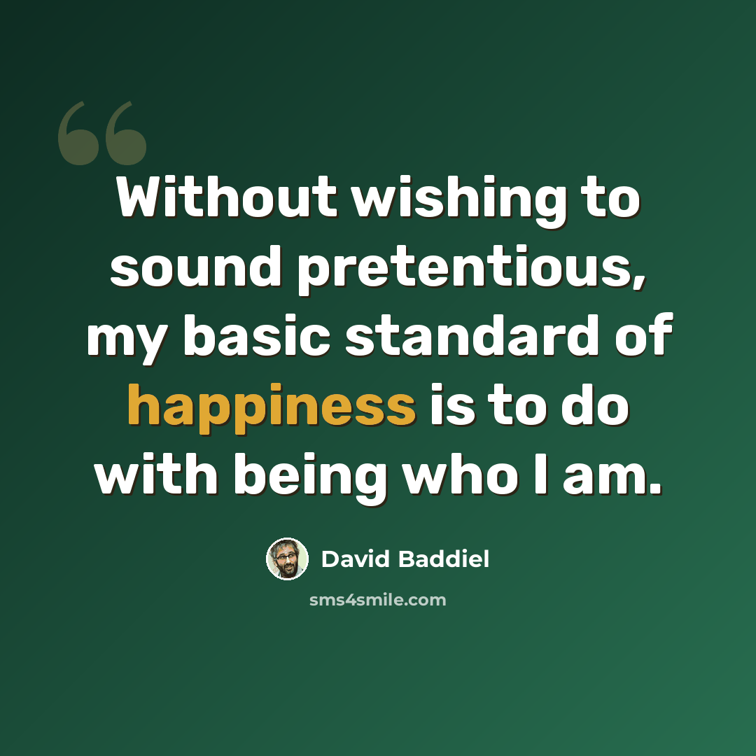“Without wishing to sound pretentious, my basic standard of happiness is to do with being who I am.” quote by David Baddiel