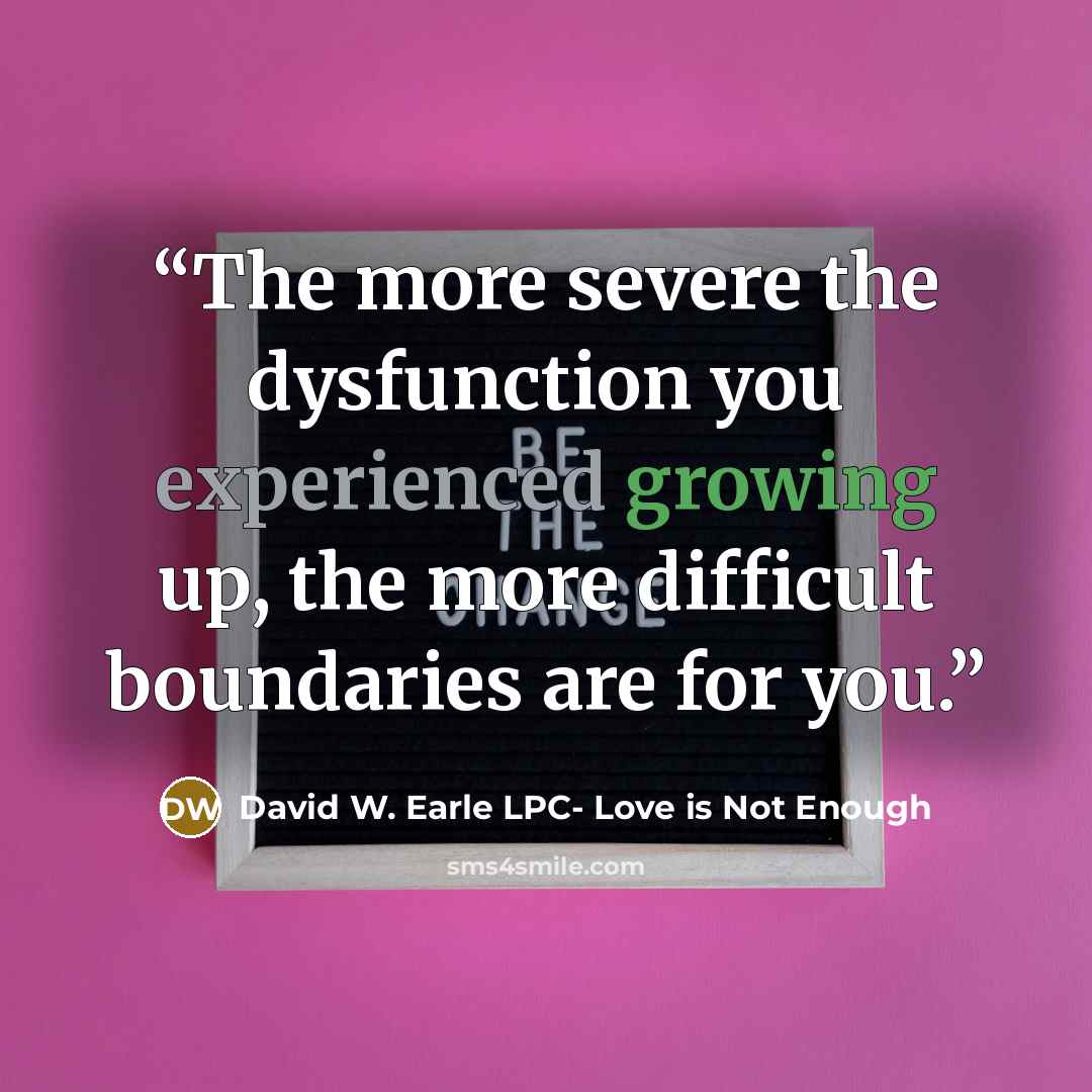 “The more severe the dysfunction you experienced growing up, the more difficult boundaries are for you.” quote by David W. Earle LPC- Love is Not Enough