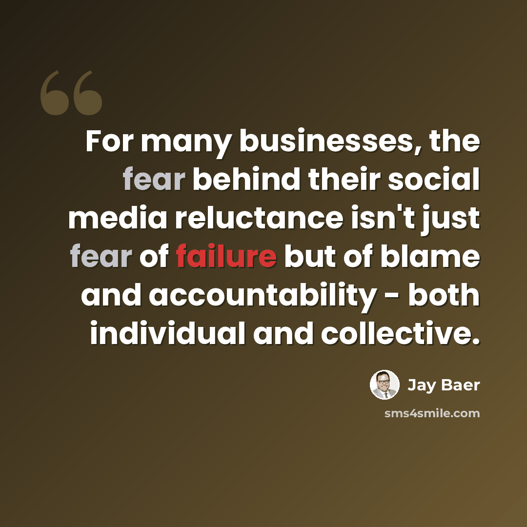 “For many businesses, the fear behind their social media reluctance isn't just fear of failure but of blame and accountability - both individual and collective.” quote by Jay Baer