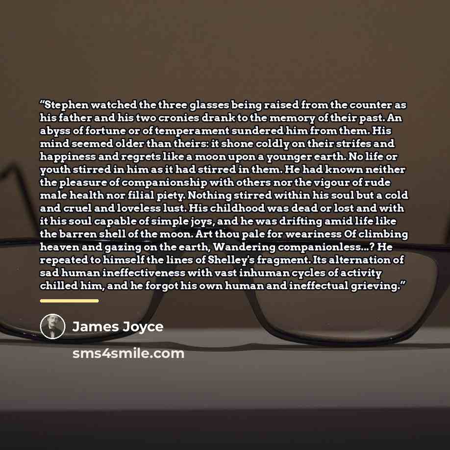 “Stephen watched the three glasses being raised from the counter as his father and his two cronies drank to the memory of their past. An abyss of fortune or of temperament sundered him from them. His mind seemed older than theirs: it shone coldly on their strifes and happiness and regrets like a…” quote by James Joyce