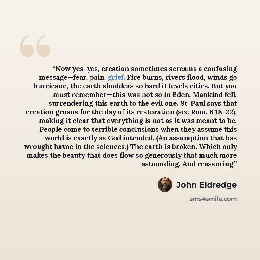 “Now yes, yes, creation sometimes screams a confusing message—fear, pain, grief. Fire burns, rivers flood, winds go hurricane, the earth shudders so hard it levels cities. But you must remember—this was not so in Eden. Mankind fell, surrendering this earth to the evil one. St. Paul says that…” quote by John Eldredge