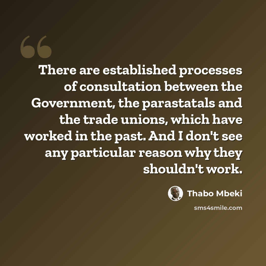 “There are established processes of consultation between the Government, the parastatals and the trade unions, which have worked in the past. And I don't see any particular reason why they shouldn't work.” quote by Thabo Mbeki