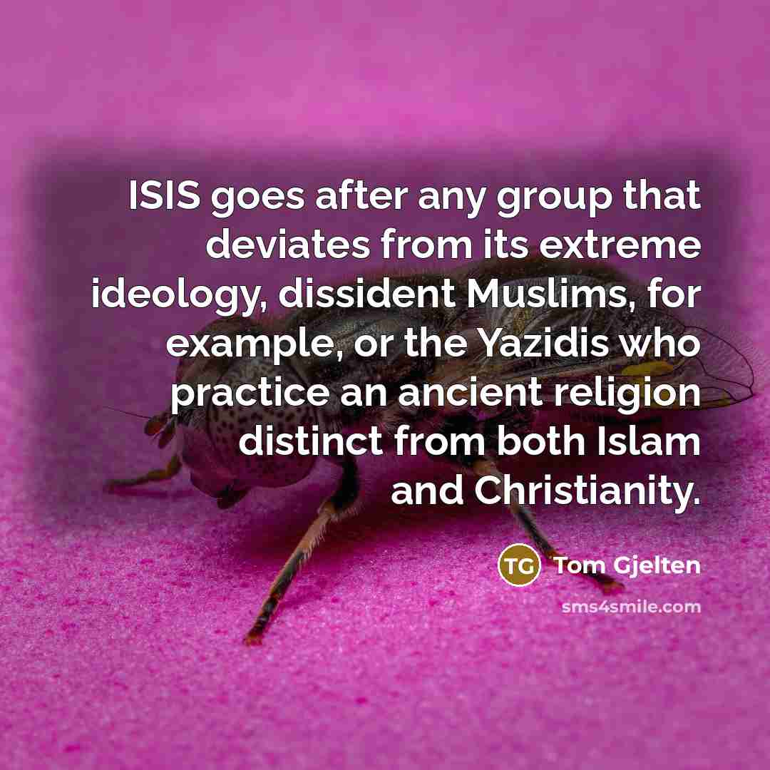 “ISIS goes after any group that deviates from its extreme ideology, dissident Muslims, for example, or the Yazidis who practice an ancient religion distinct from both Islam and Christianity.” quote by Tom Gjelten