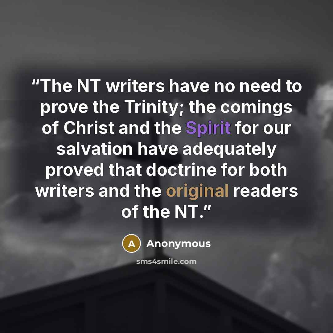 “The NT writers have no need to prove the Trinity; the comings of Christ and the Spirit for our salvation have adequately proved that doctrine for both writers and the original readers of the NT.” quote by Anonymous