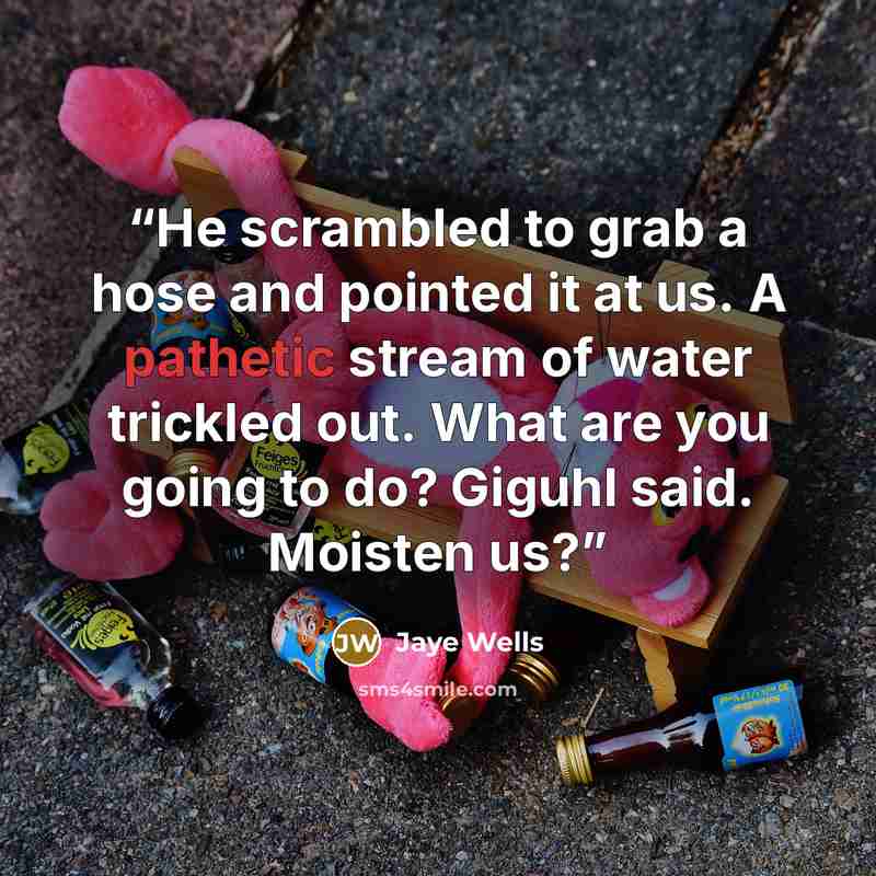 “He scrambled to grab a hose and pointed it at us. A pathetic stream of water trickled out. What are you going to do? Giguhl said. Moisten us?” quote by Jaye Wells