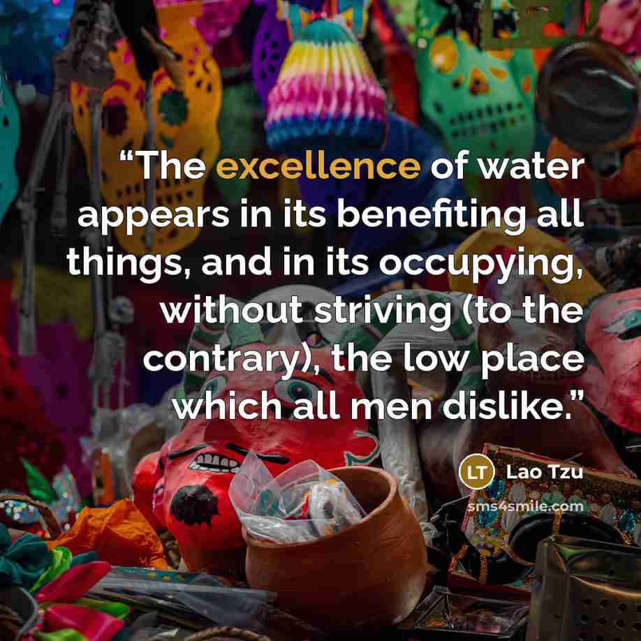 “The excellence of water appears in its benefiting all things, and in its occupying, without striving (to the contrary), the low place which all men dislike.” quote by Lao Tzu