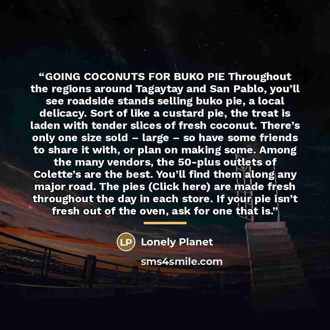 “GOING COCONUTS FOR BUKO PIE Throughout the regions around Tagaytay and San Pablo, you’ll see roadside stands selling buko pie, a local delicacy. Sort of like a custard pie, the treat is laden with tender slices of fresh coconut. There’s only one size sold – large – so have some friends to share it…” quote by Lonely Planet