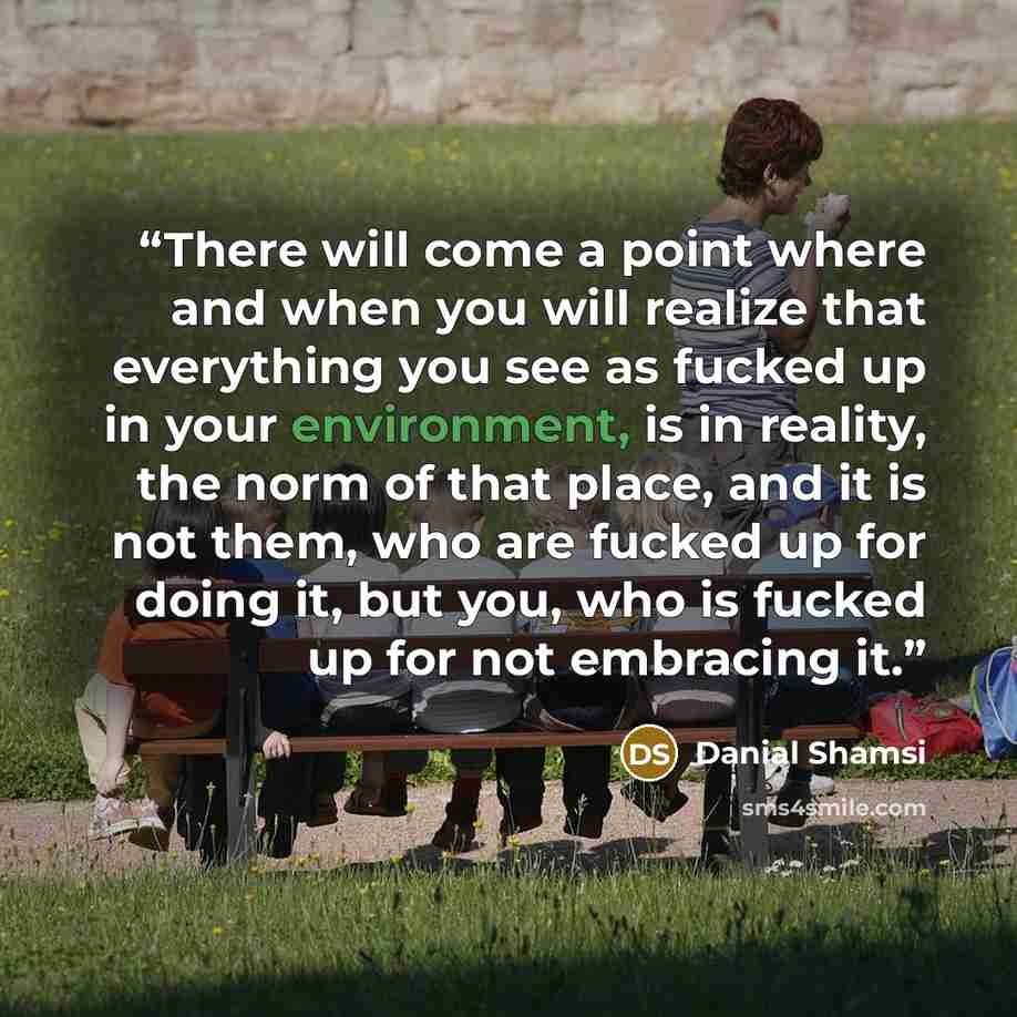 “There will come a point where and when you will realize that everything you see as fucked up in your environment, is in reality, the norm of that place, and it is not them, who are fucked up for doing it, but you, who is fucked up for not embracing it.” quote by Danial Shamsi