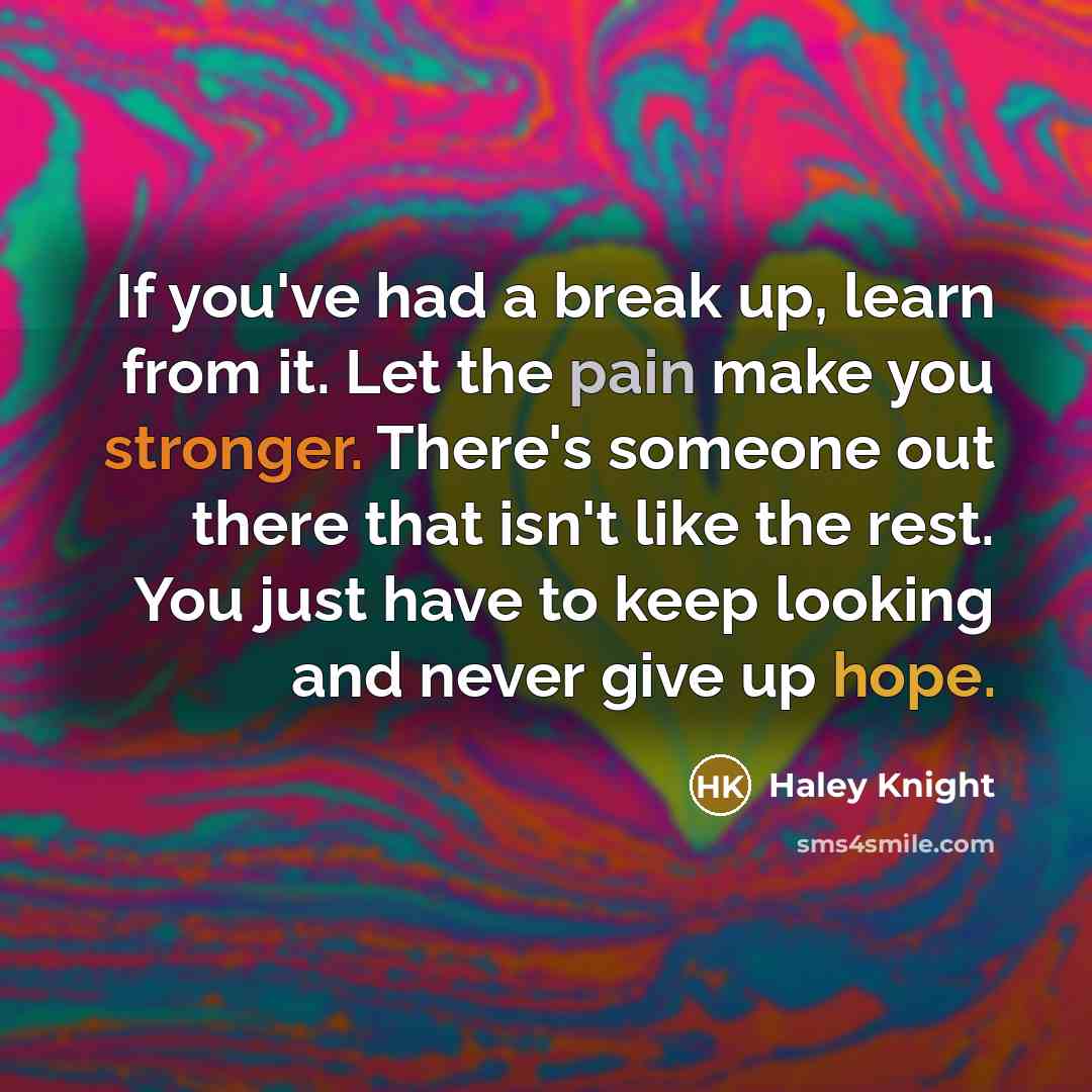 “If you've had a break up, learn from it. Let the pain make you stronger. There's someone out there that isn't like the rest. You just have to keep looking and never give up hope.” quote by Haley Knight