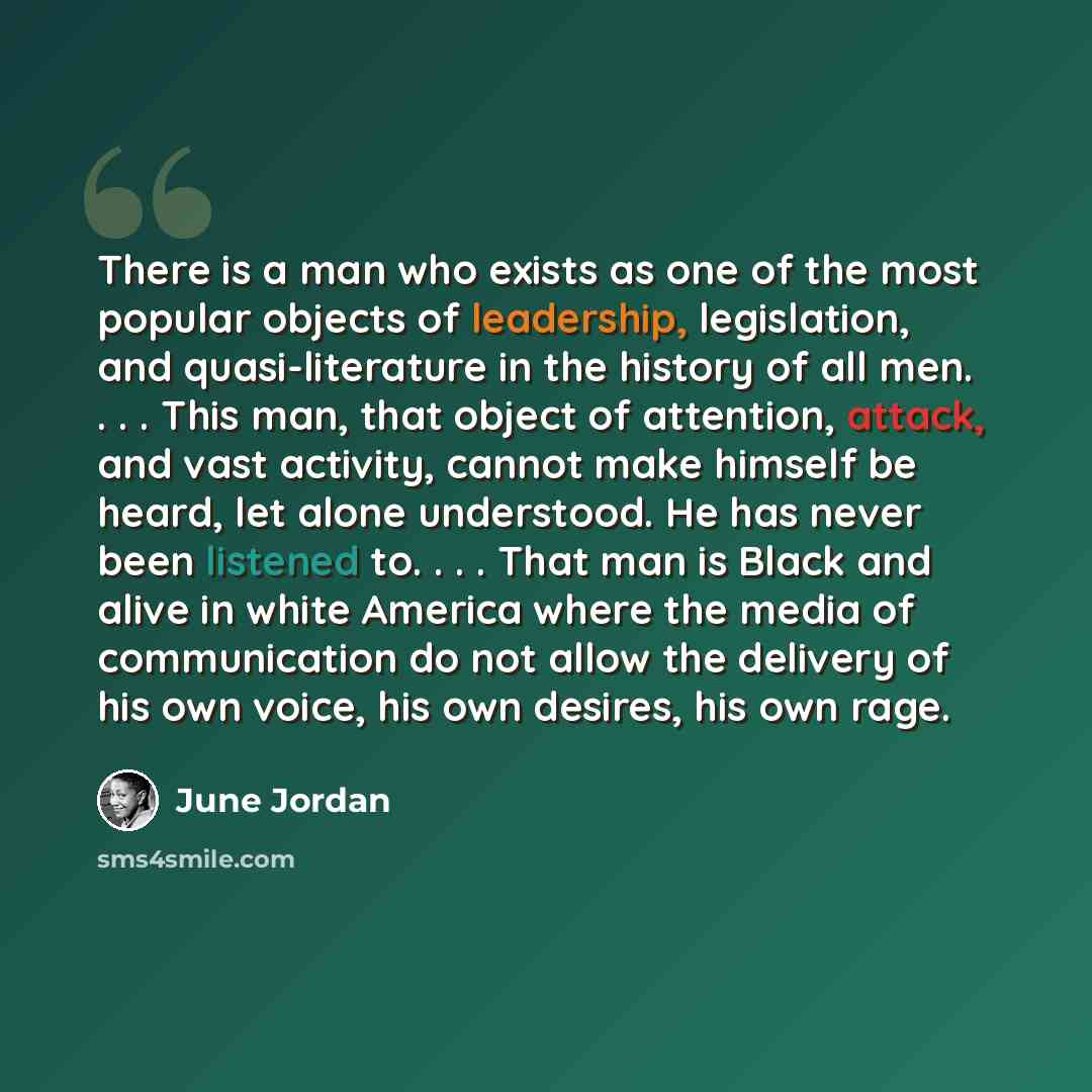 “There is a man who exists as one of the most popular objects of leadership, legislation, and quasi-literature in the history of all men. . . . This man, that object of attention, attack, and vast activity, cannot make himself be heard, let alone understood. He has never been listened to…” quote by June Jordan