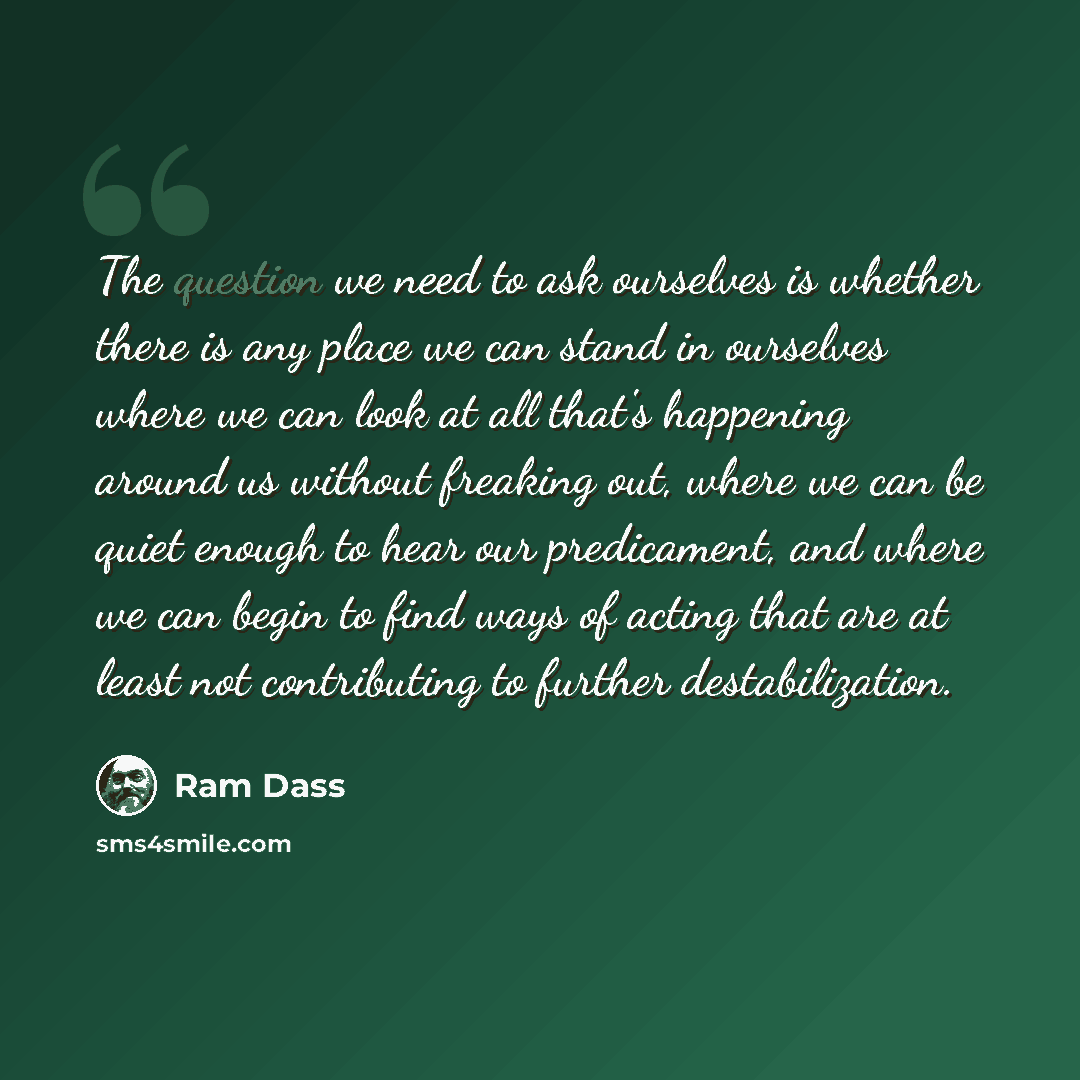 “The question we need to ask ourselves is whether there is any place we can stand in ourselves where we can look at all that's happening around us without freaking out, where we can be quiet enough to hear our predicament, and where we can begin to find ways of acting that are at least not…” quote by Ram Dass