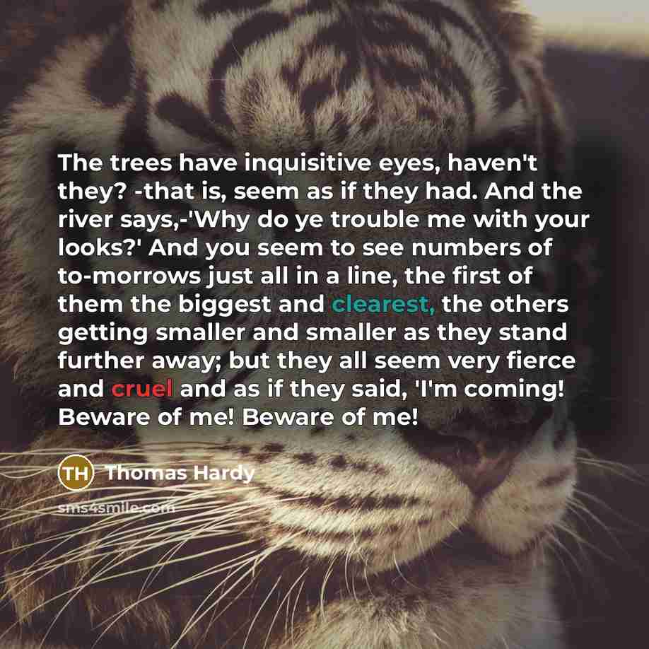 “The trees have inquisitive eyes, haven't they? -that is, seem as if they had. And the river says,-'Why do ye trouble me with your looks?' And you seem to see numbers of to-morrows just all in a line, the first of them the biggest and clearest, the others getting smaller and smaller as they stand…” quote by Thomas Hardy