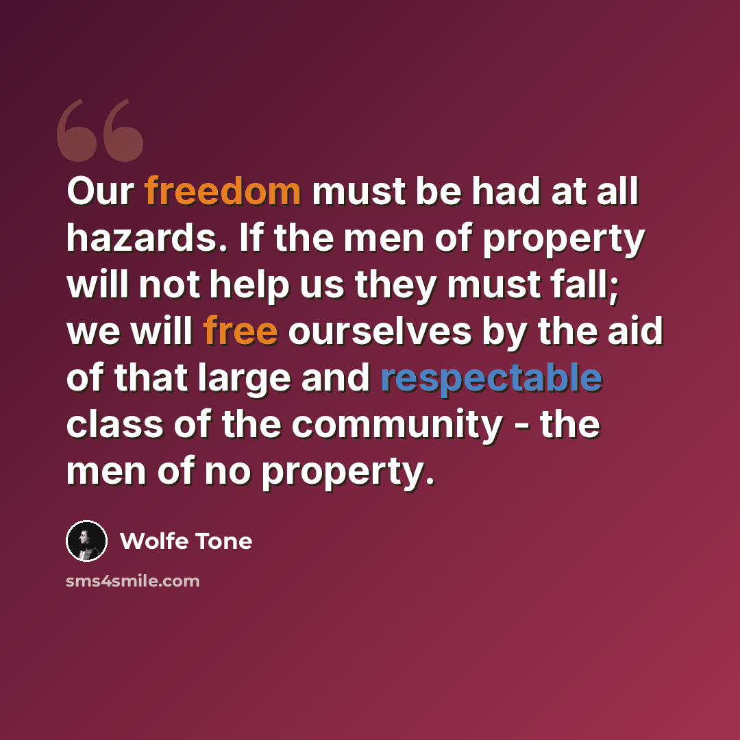 “Our freedom must be had at all hazards. If the men of property will not help us they must fall; we will free ourselves by the aid of that large and respectable class of the community - the men of no property.” quote by Wolfe Tone