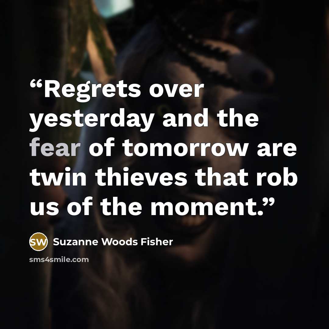 “Regrets over yesterday and the fear of tomorrow are twin thieves that rob us of the moment.” quote by Suzanne Woods Fisher
