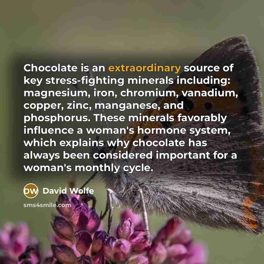 “Chocolate is an extraordinary source of key stress-fighting minerals including: magnesium, iron, chromium, vanadium, copper, zinc, manganese, and phosphorus. These minerals favorably influence a woman's hormone system, which explains why chocolate has always been considered important for a woman's…” quote by David Wolfe