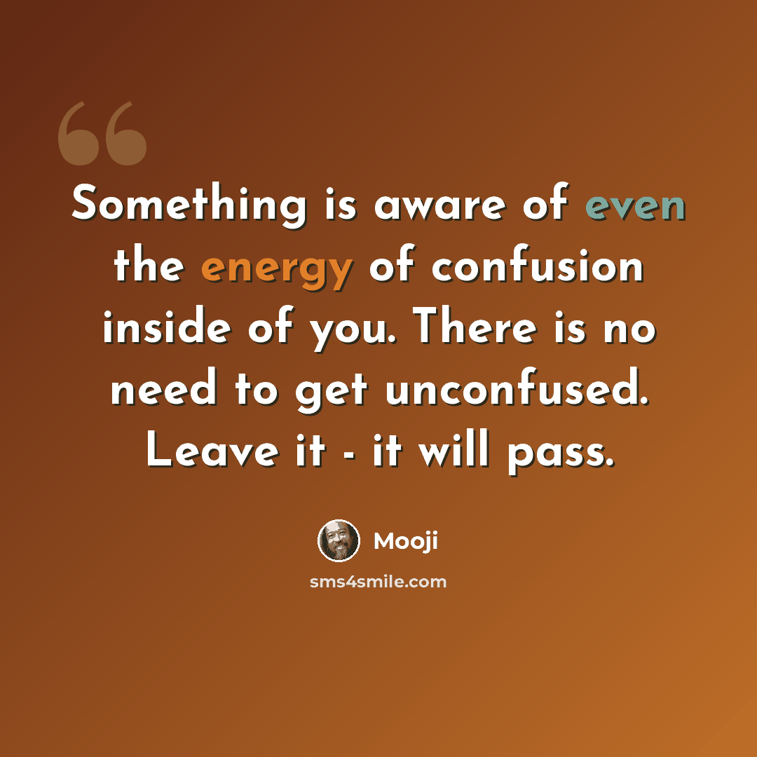 “Something is aware of even the energy of confusion inside of you. There is no need to get unconfused. Leave it - it will pass.” quote by Mooji