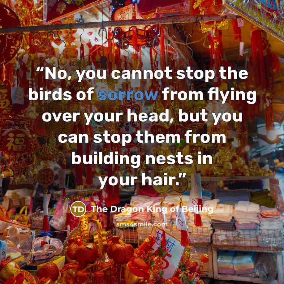 “No, you cannot stop the birds of sorrow from flying over your head, but you can stop them from building nests in your hair.” quote by The Dragon King of Beijing