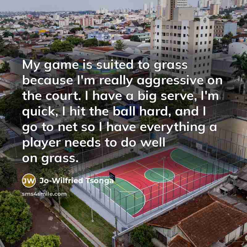 “My game is suited to grass because I'm really aggressive on the court. I have a big serve, I'm quick, I hit the ball hard, and I go to net so I have everything a player needs to do well on grass.” quote by Jo-Wilfried Tsonga