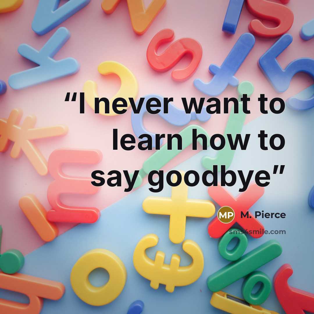 “I never want to learn how to say goodbye” quote by M. Pierce