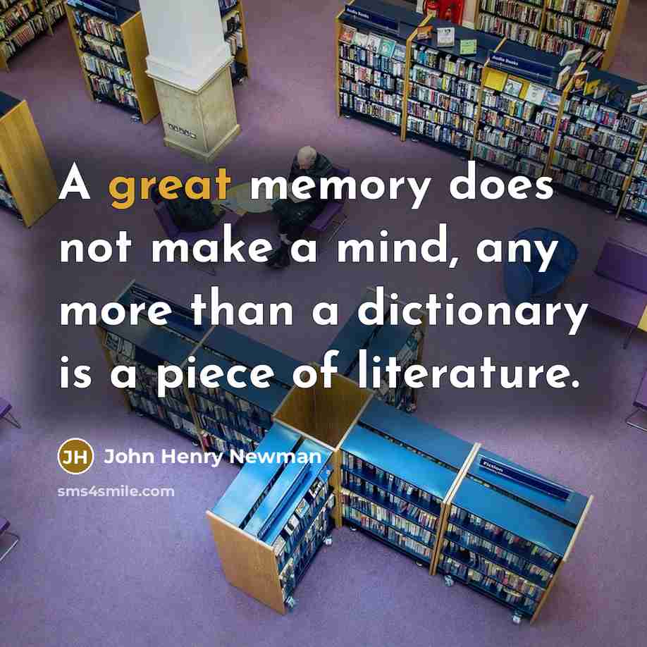 “A great memory does not make a mind, any more than a dictionary is a piece of literature.” quote by John Henry Newman