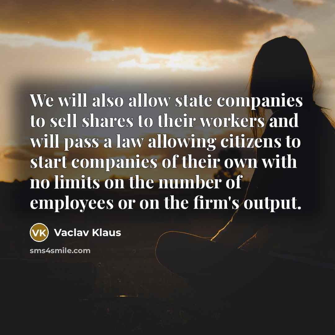 “We will also allow state companies to sell shares to their workers and will pass a law allowing citizens to start companies of their own with no limits on the number of employees or on the firm's output.” quote by Vaclav Klaus