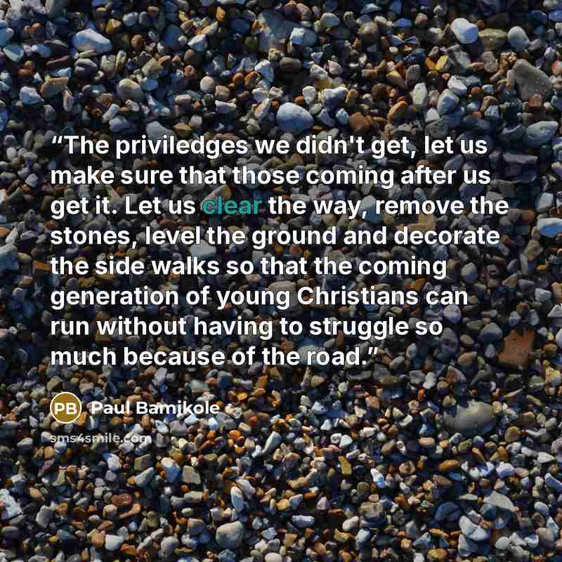 “The priviledges we didn't get, let us make sure that those coming after us get it. Let us clear the way, remove the stones, level the ground and decorate the side walks so that the coming generation of young Christians can run without having to struggle so much because of the road.” quote by Paul Bamikole