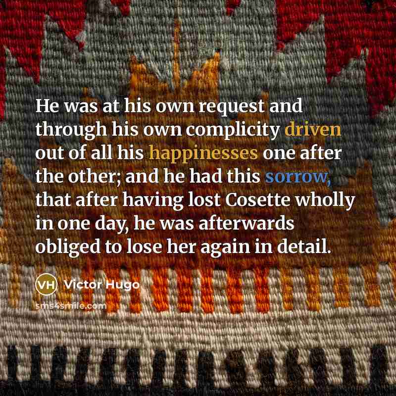 “He was at his own request and through his own complicity driven out of all his happinesses one after the other; and he had this sorrow, that after having lost Cosette wholly in one day, he was afterwards obliged to lose her again in detail.” quote by Victor Hugo