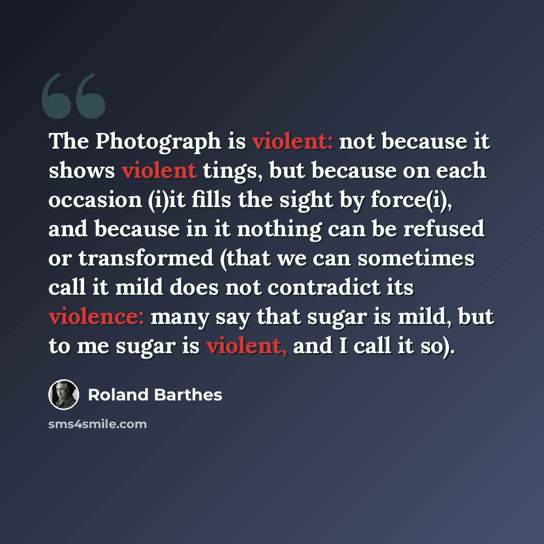 “The Photograph is violent: not because it shows violent tings, but because on each occasion (i)it fills the sight by force(i), and because in it nothing can be refused or transformed (that we can sometimes call it mild does not contradict its violence: many say that sugar is mild, but to me sugar…” quote by Roland Barthes