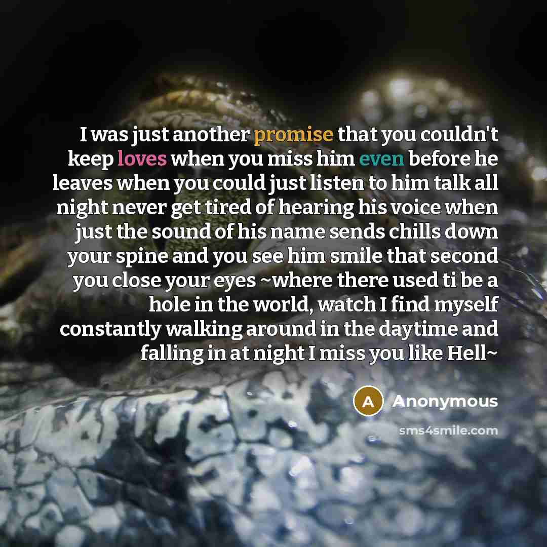 “I was just another promise that you couldn't keep loves when you miss him even before he leaves when you could just listen to him talk all night never get tired of hearing his voice when just the sound of his name sends chills down your spine and you see him smile that second you close your eyes…” quote by Anonymous