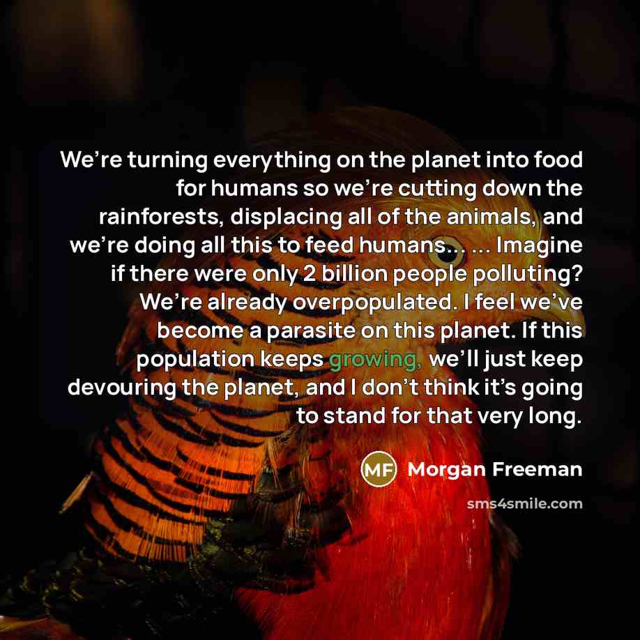 “We’re turning everything on the planet into food for humans so we’re cutting down the rainforests, displacing all of the animals, and we’re doing all this to feed humans... ... Imagine if there were only 2 billion people polluting? We’re already overpopulated. I feel we’ve become a parasite on…” quote by Morgan Freeman