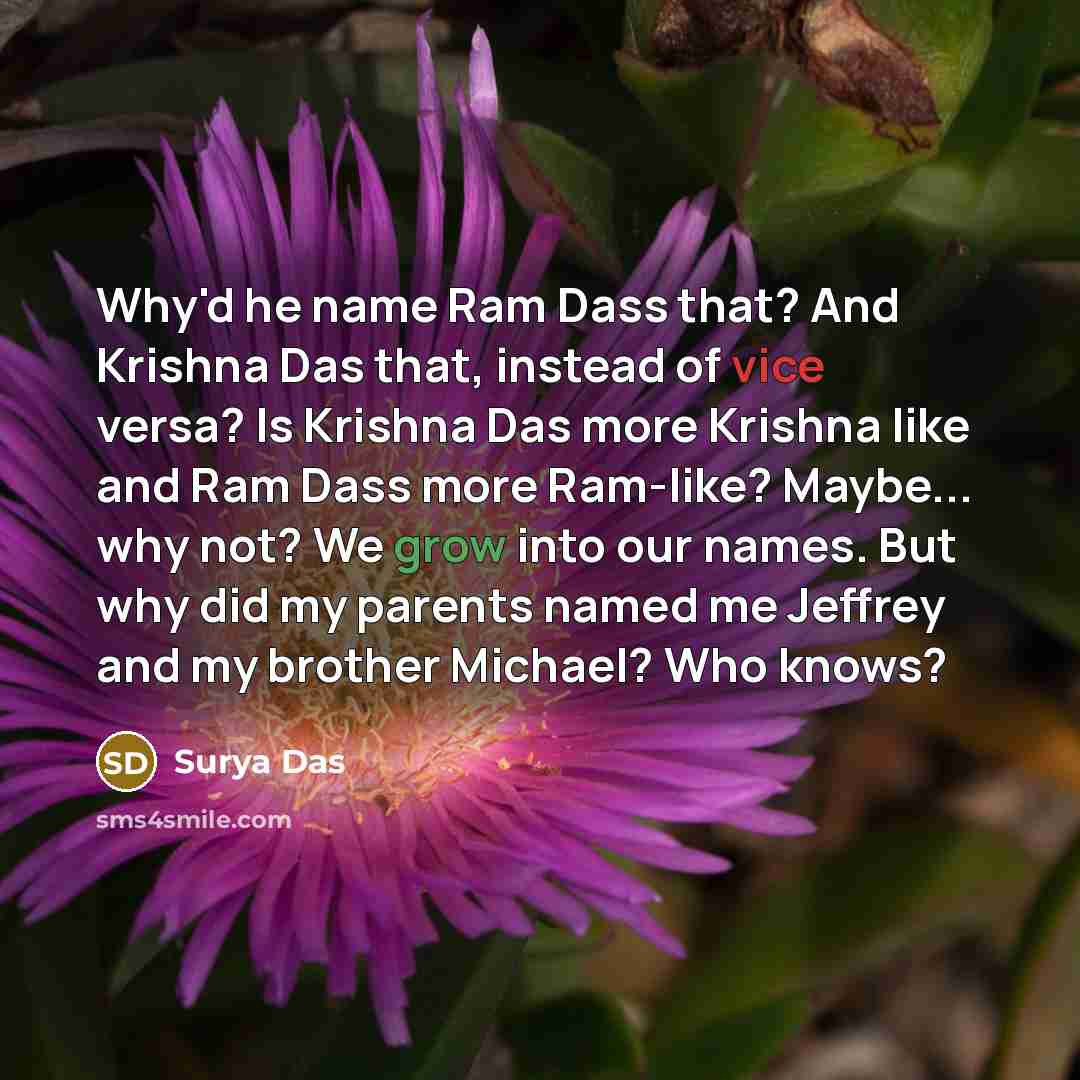 “Why'd he name Ram Dass that? And Krishna Das that, instead of vice versa? Is Krishna Das more Krishna like and Ram Dass more Ram-like? Maybe... why not? We grow into our names. But why did my parents named me Jeffrey and my brother Michael? Who knows?” quote by Surya Das