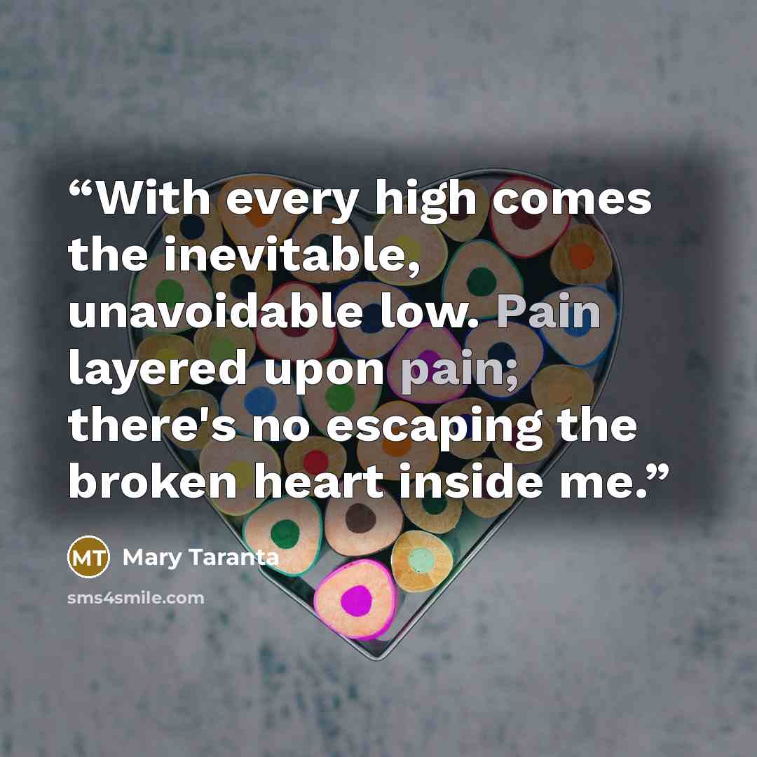 “With every high comes the inevitable, unavoidable low. Pain layered upon pain; there's no escaping the broken heart inside me.” quote by Mary Taranta