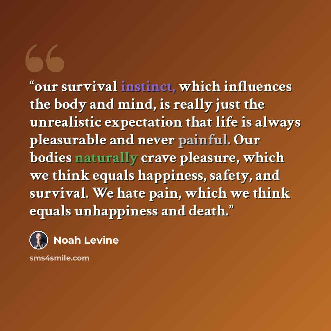 “our survival instinct, which influences the body and mind, is really just the unrealistic expectation that life is always pleasurable and never painful. Our bodies naturally crave pleasure, which we think equals happiness, safety, and survival. We hate pain, which we think equals unhappiness and…” quote by Noah Levine