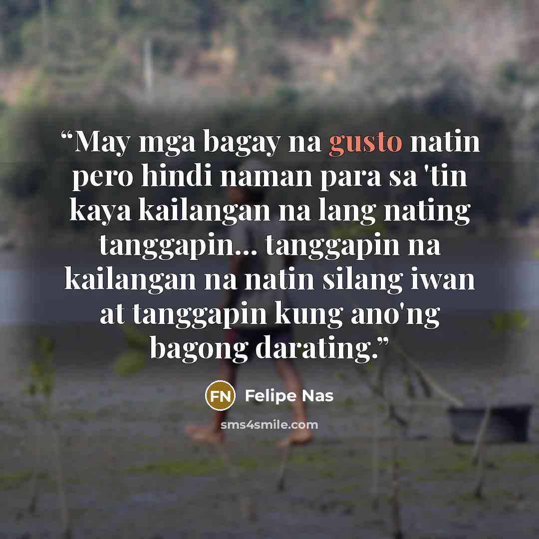 “May mga bagay na gusto natin pero hindi naman para sa 'tin kaya kailangan na lang nating tanggapin... tanggapin na kailangan na natin silang iwan at tanggapin kung ano'ng bagong darating.” quote by Felipe Nas