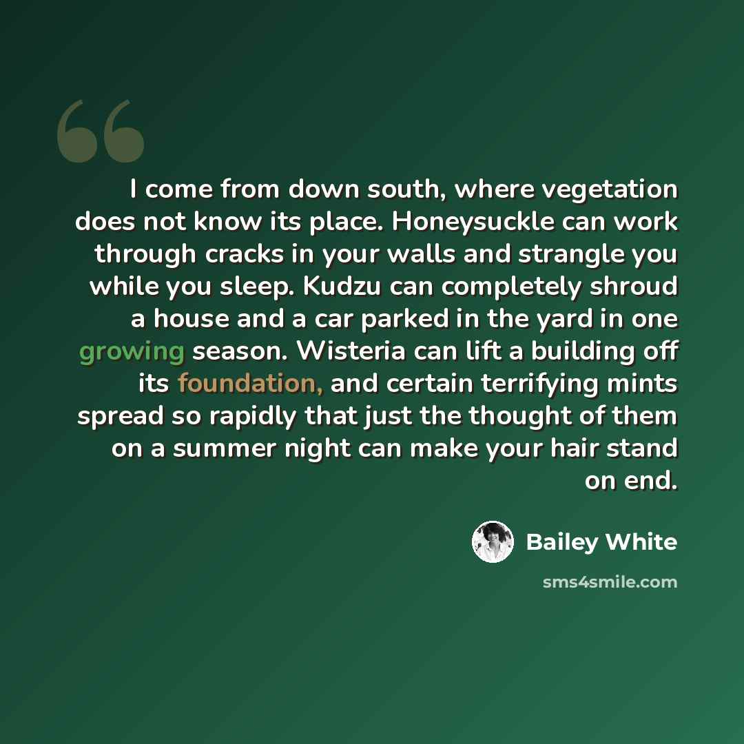 “I come from down south, where vegetation does not know its place. Honeysuckle can work through cracks in your walls and strangle you while you sleep. Kudzu can completely shroud a house and a car parked in the yard in one growing season. Wisteria can lift a building off its foundation, and certain…” quote by Bailey White